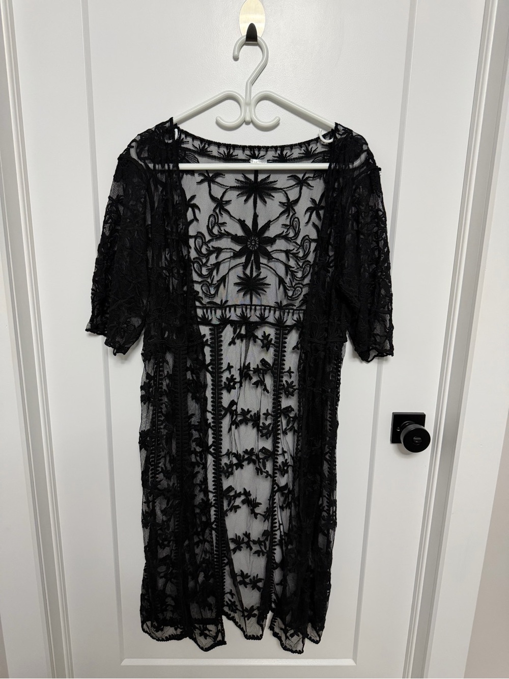 Sheer Black Embroidered Lace Kimono Robe